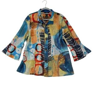 Ali Miles Button Up Top Women Sz L Artsy Colorful Abstract Statement Maximalist